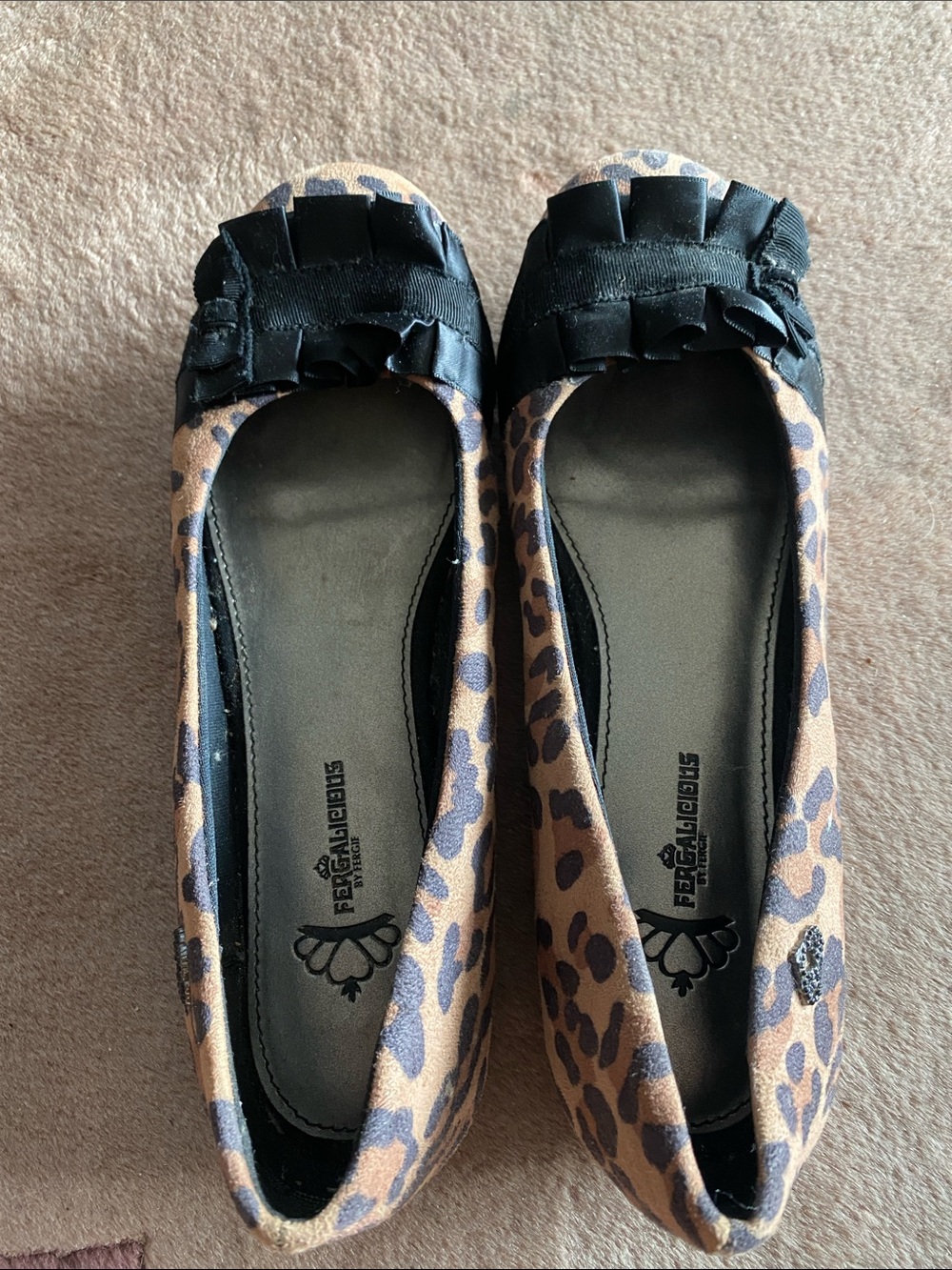 Fergalicious Leopard-Print Flats with Black Ribbon Trim
